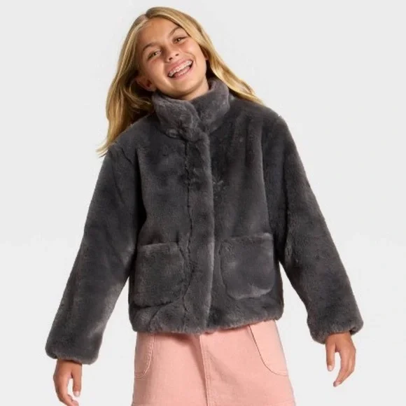 Cat & Jack Faux Fur Jacket, size Large color is Grey - Picture 3 of 3